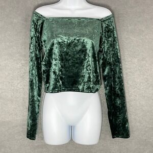 GAP Top Womens Sz L Green Velvet Off The Shoulder Crop Top Forest Fairy Grunge‎